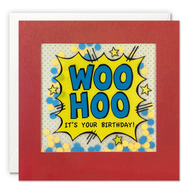 Woo Hoo Pop Art Birthday Card with Paper Confetti - Paper Shakies by James Ellis