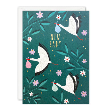 Storks and Flowers New Baby Card by James Ellis