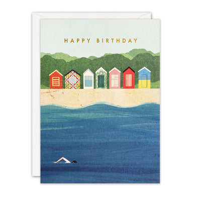 Beach Huts Swimmer Birthday Card by James Ellis