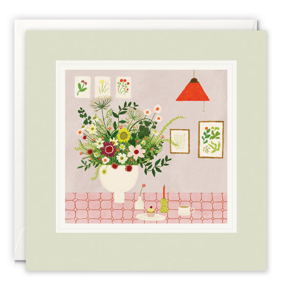 Pink Table with Flowers Art Card by Rachel Victoria Hillis