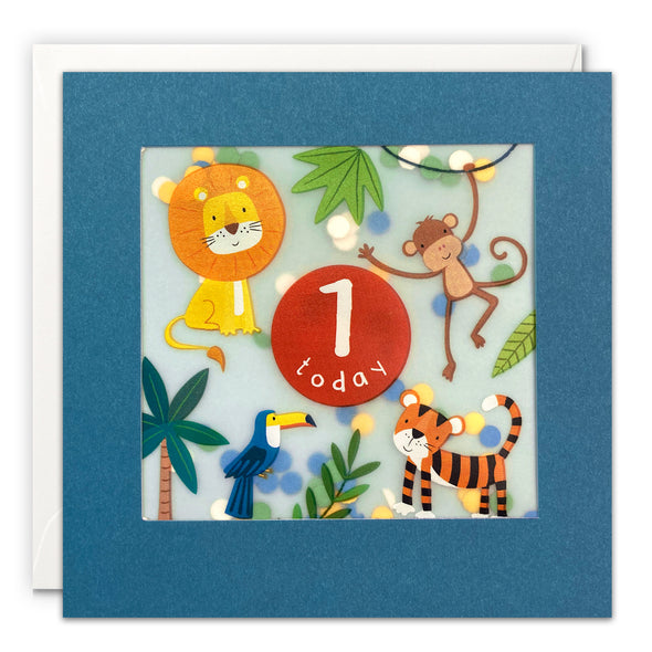 Age 1 Blue Jungle Birthday Card with Paper Confetti - Paper Shakies by James Ellis