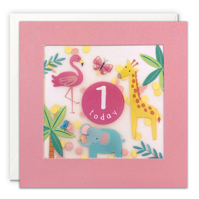 Age 1 Pink Jungle Birthday Card with Paper Confetti - Paper Shakies by James Ellis