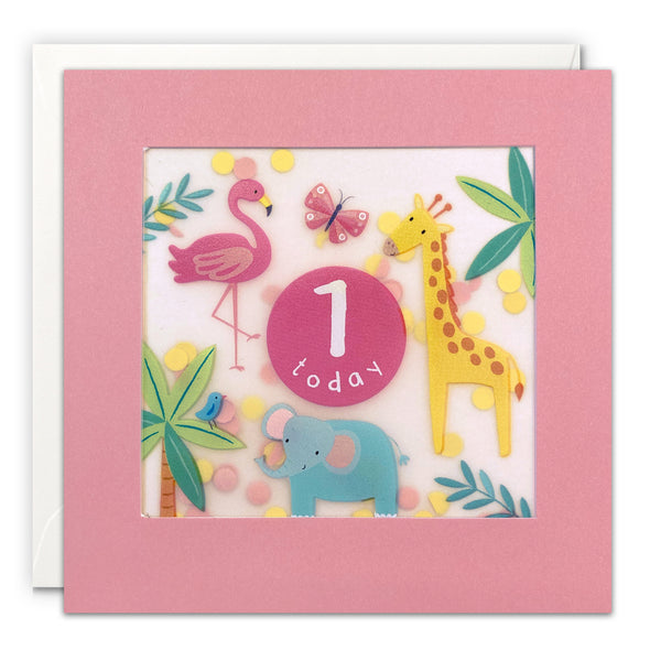 Age 1 Pink Jungle Birthday Card with Paper Confetti - Paper Shakies by James Ellis