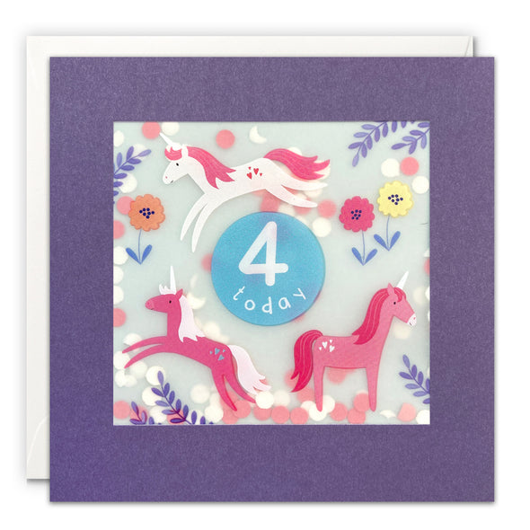 Age 4 Unicorns Birthday Card with Paper Confetti - Paper Shakies by James Ellis