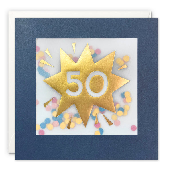Age 50 Gold Birthday Card with Colourful Paper Confetti - Paper Shakies by James Ellis