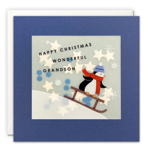 Grandson Penguin Christmas Card with Paper Confetti - Paper Shakies by James Ellis